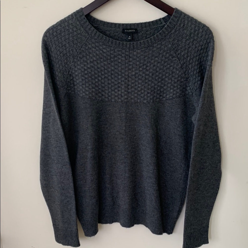 Talbots Gray Crew Neck basket weave Knit Sweater charcoal grey women’s S…